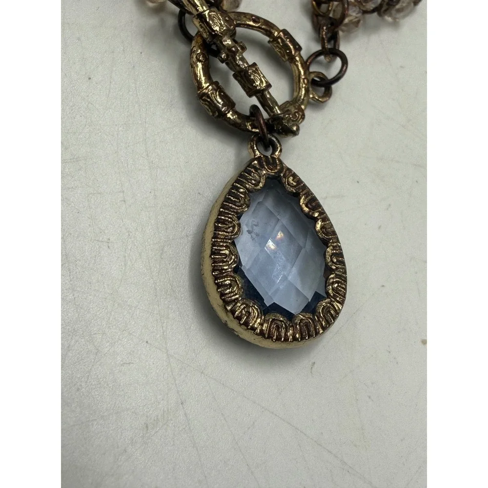 Vintage Style Multi Strand Beaded Toggle Bracelet Blue Teardrop Pendant Bronze